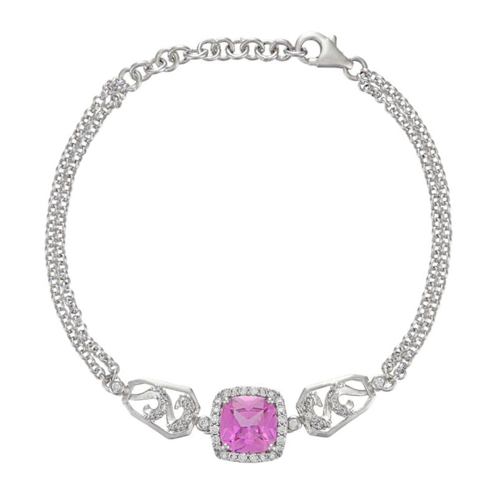 Gold Coast Platinum Plated Crystal Halo Set Cushion Cut Pink Sapphire Bracelet